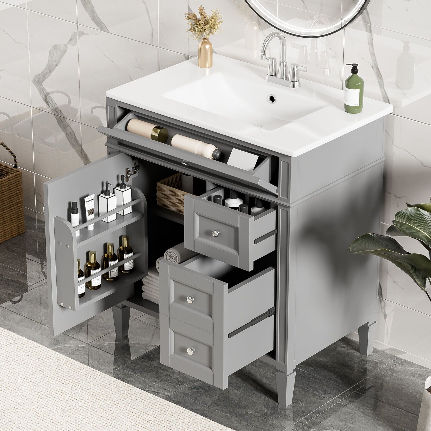 Bathroom Vanity With Top Sink, 2 Drawers &amp; Tip Out Drawer