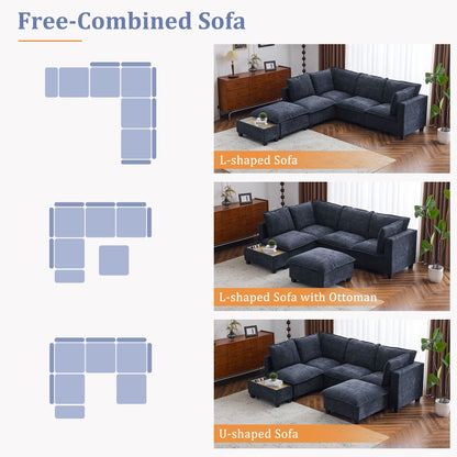 U-Shaped Sectional Modular Sofa With A Movable Ottoman, A Coffee Table With Hidden Charging Devices For Living Room