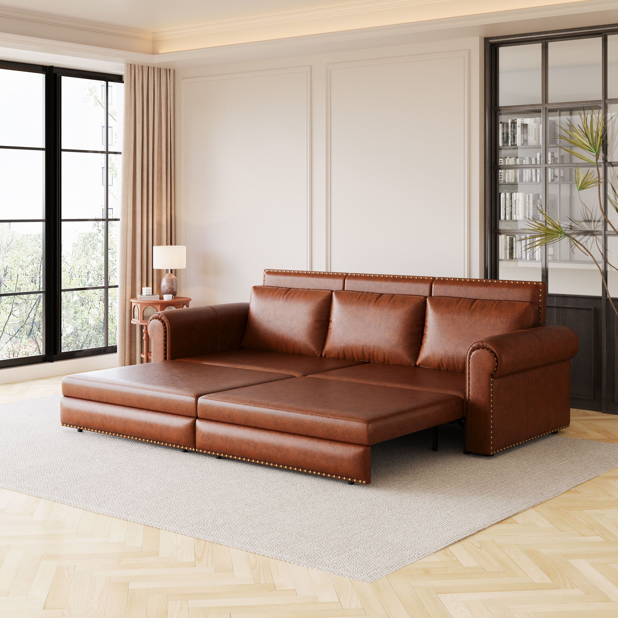 3 In 1 Convertible Sleeper Sofa With Nailhead Trim &amp; Rolled Arm