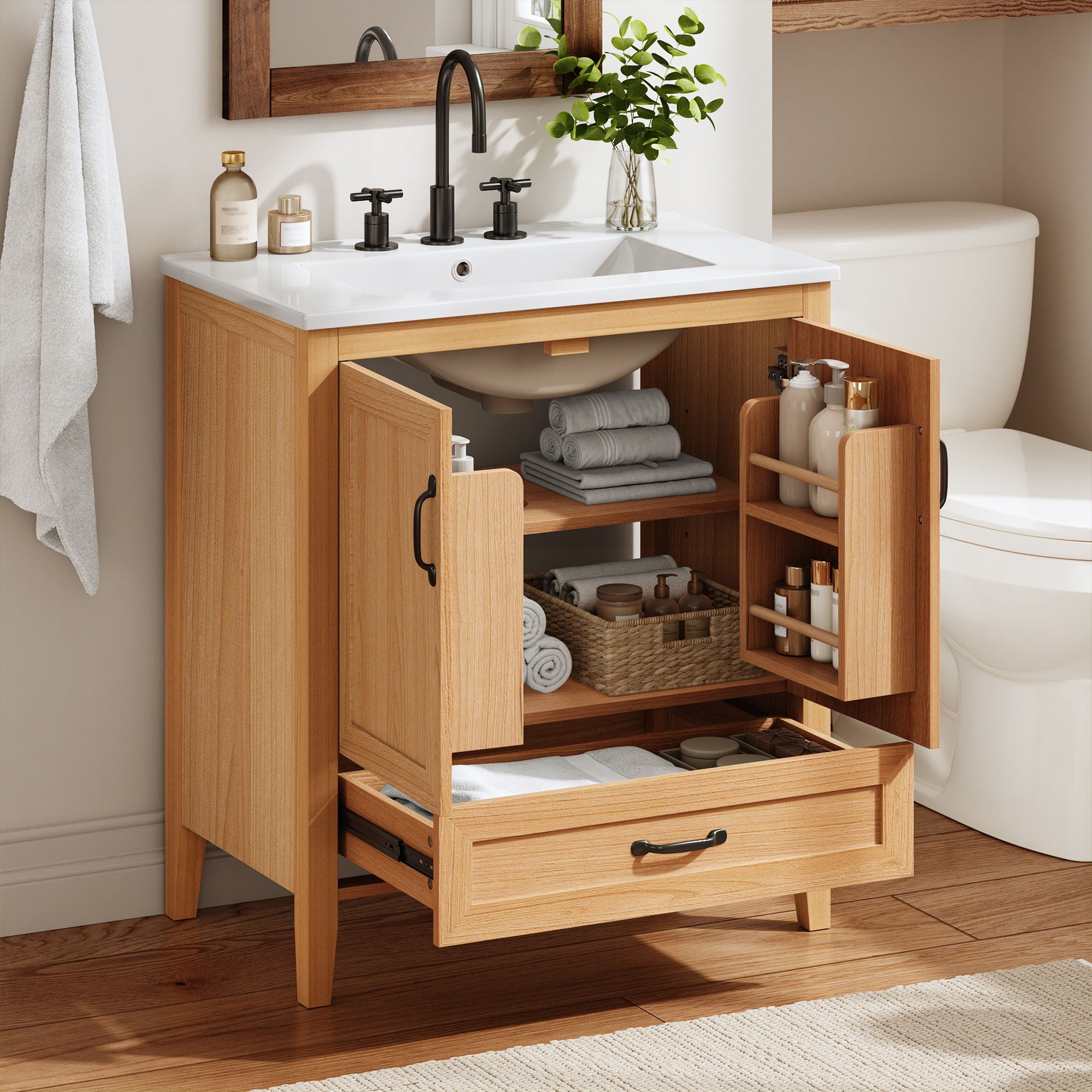 Elegant Fluted Bathroom Vanity With Sink, Soft Close Doors &amp; Drawer