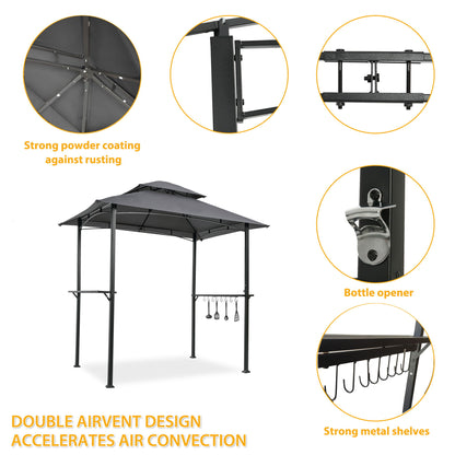 Outdoor Grill Gazebo With Double Tier Soft Top Canopy, Steel Frame, Bar Counters &amp; Hook