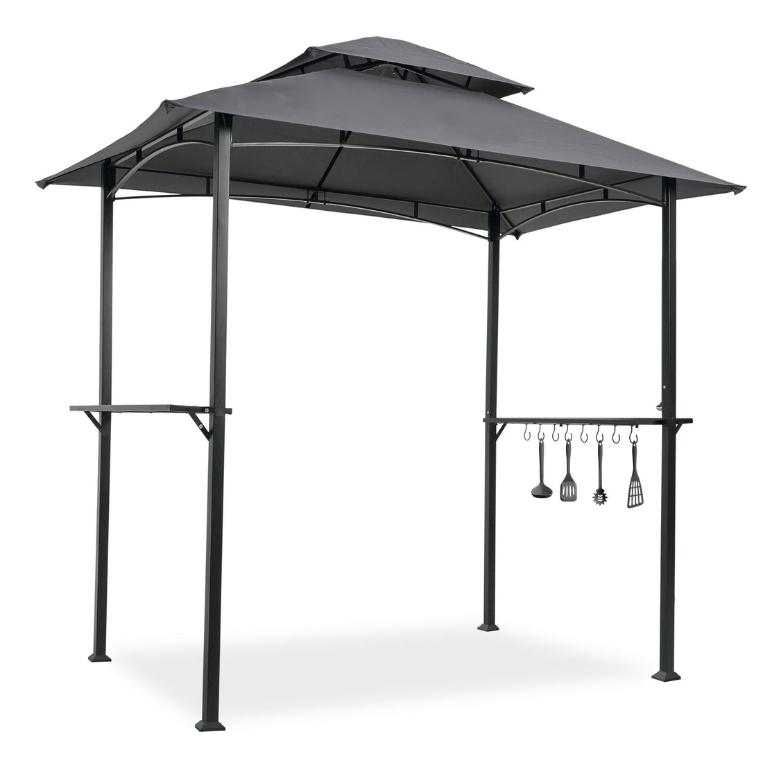 Outdoor Grill Gazebo With Double Tier Soft Top Canopy, Steel Frame, Bar Counters &amp; Hook
