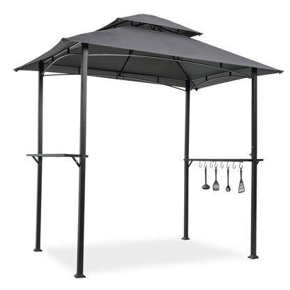 Outdoor Grill Gazebo With Double Tier Soft Top Canopy, Steel Frame, Bar Counters &amp; Hook