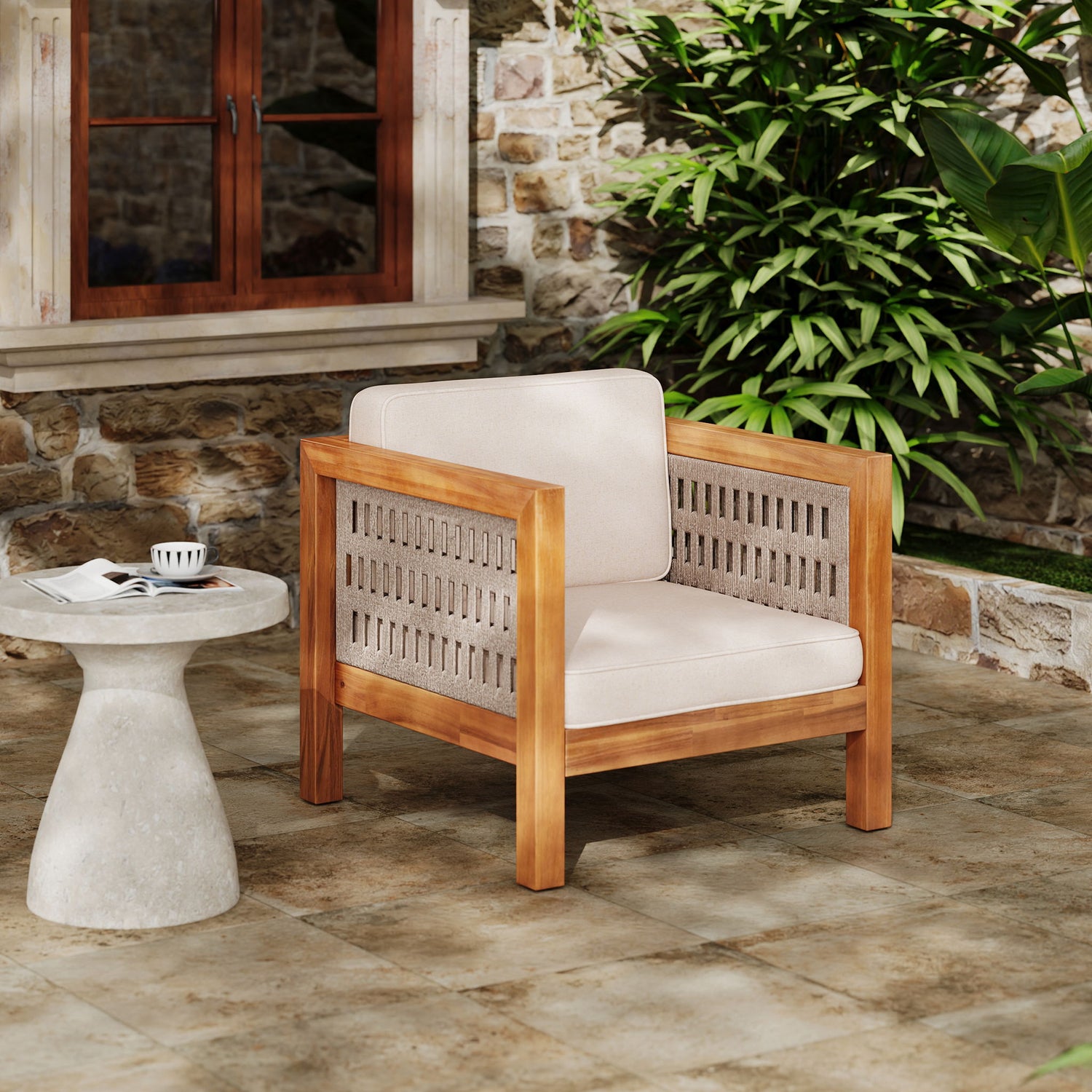 Outdoor Club Chair &amp; Rope Arm And Cushions