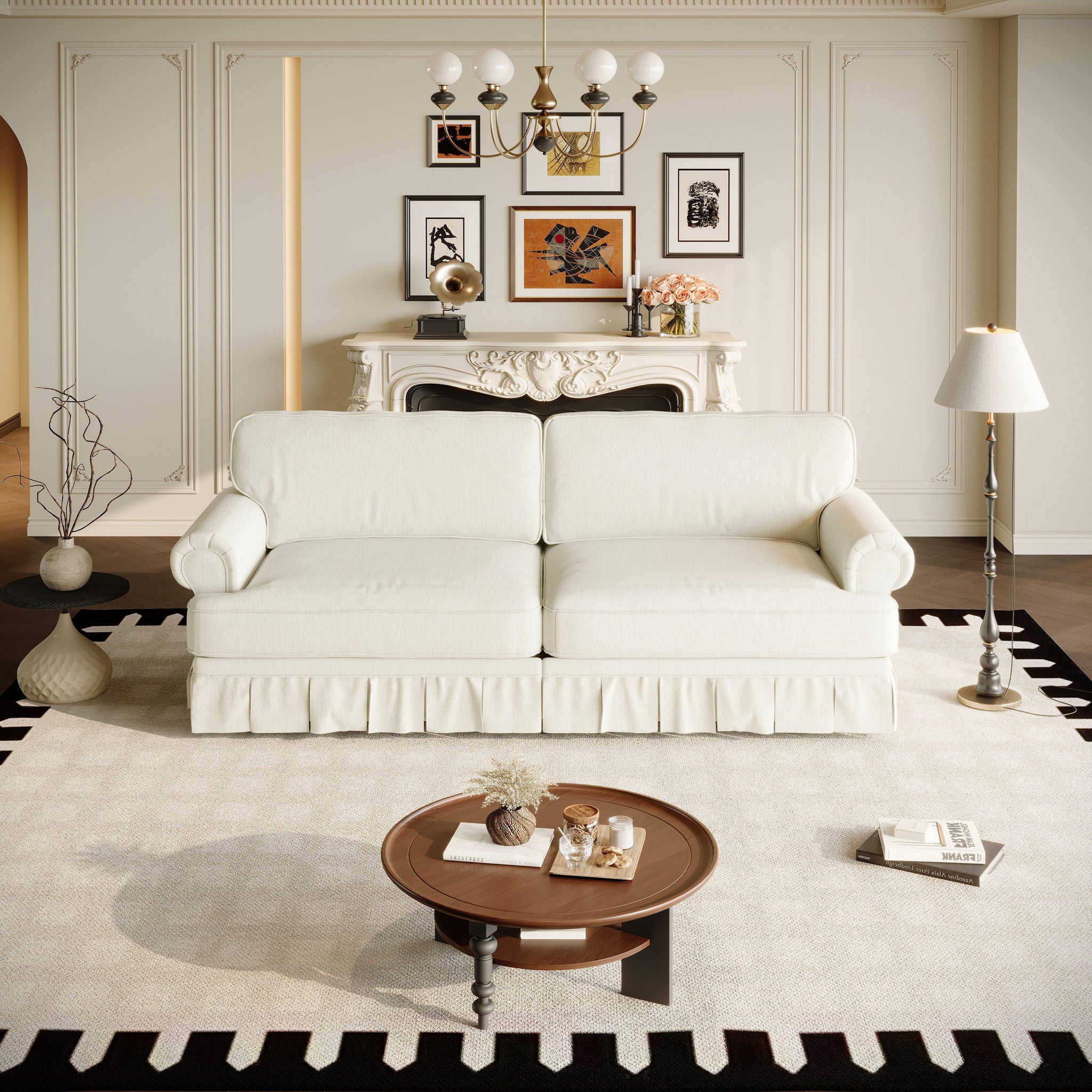 Luxuriously Comfortable Cloud Couch Sofa With Elegant Rolled Arms &amp; Pleated Skirt Design