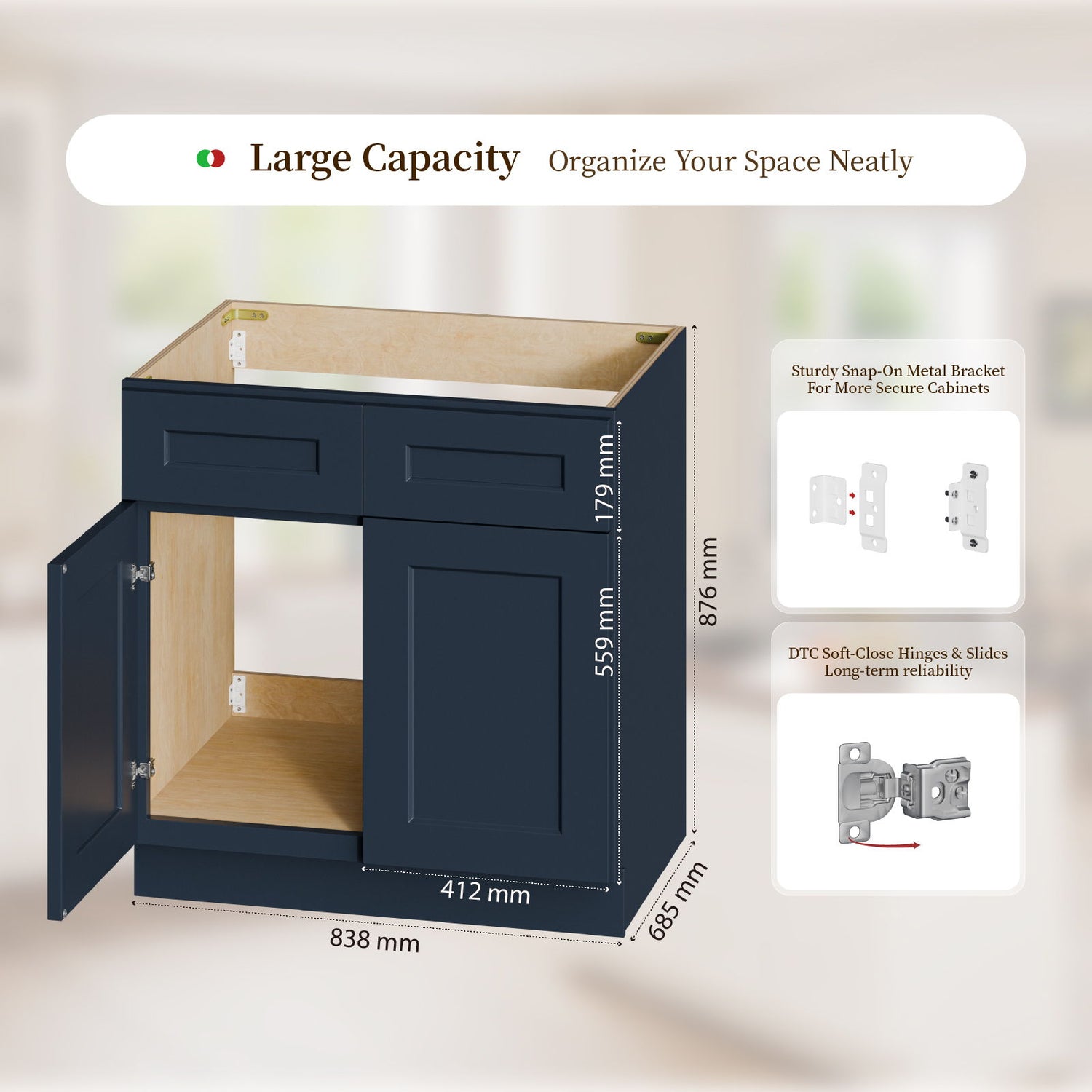 Shaker Base Cabinet With Soft-Close Drawer &amp; Double Doors, Adjustable Shelf