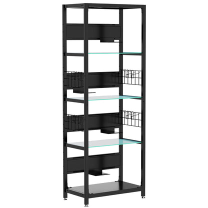 4 Tier Display Shelf With RGB Lights, LED Lighted Curio Cabinet With Adjustable Storage Box &amp; Hooks - Black