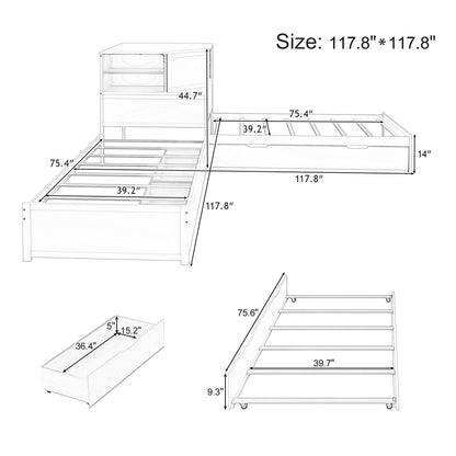 L-Shaped Bed Frame With Trundle, Built In Desk &amp; LED Lighting