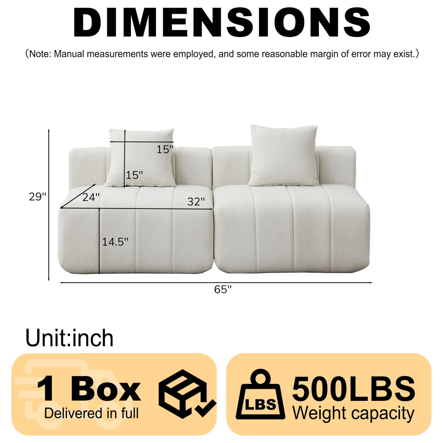 Modular Sectional Sofa With 2 Pillows, Symmetrical Design