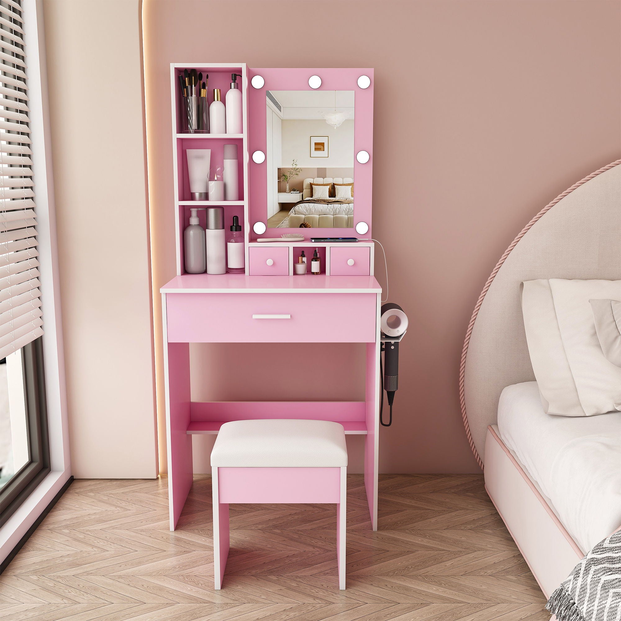 Vanity Table With Mirror, Adjustable LED Lights, Power Outlet, Hairdryer Holder &amp; Stool