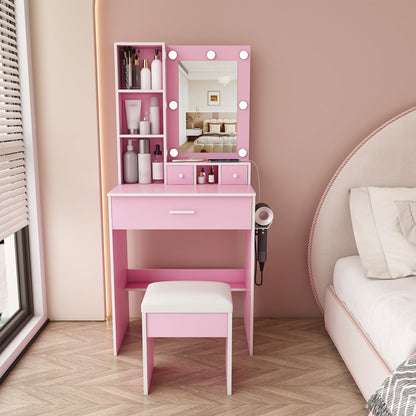 Vanity Table With Mirror, Adjustable LED Lights, Power Outlet, Hairdryer Holder &amp; Stool