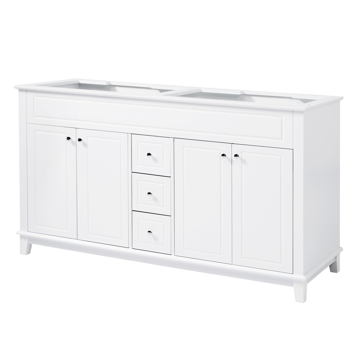 Bathroom Vanity Cabinet Only, 3 Drawers &amp; 4 Doors With Double Layer Shelves - White