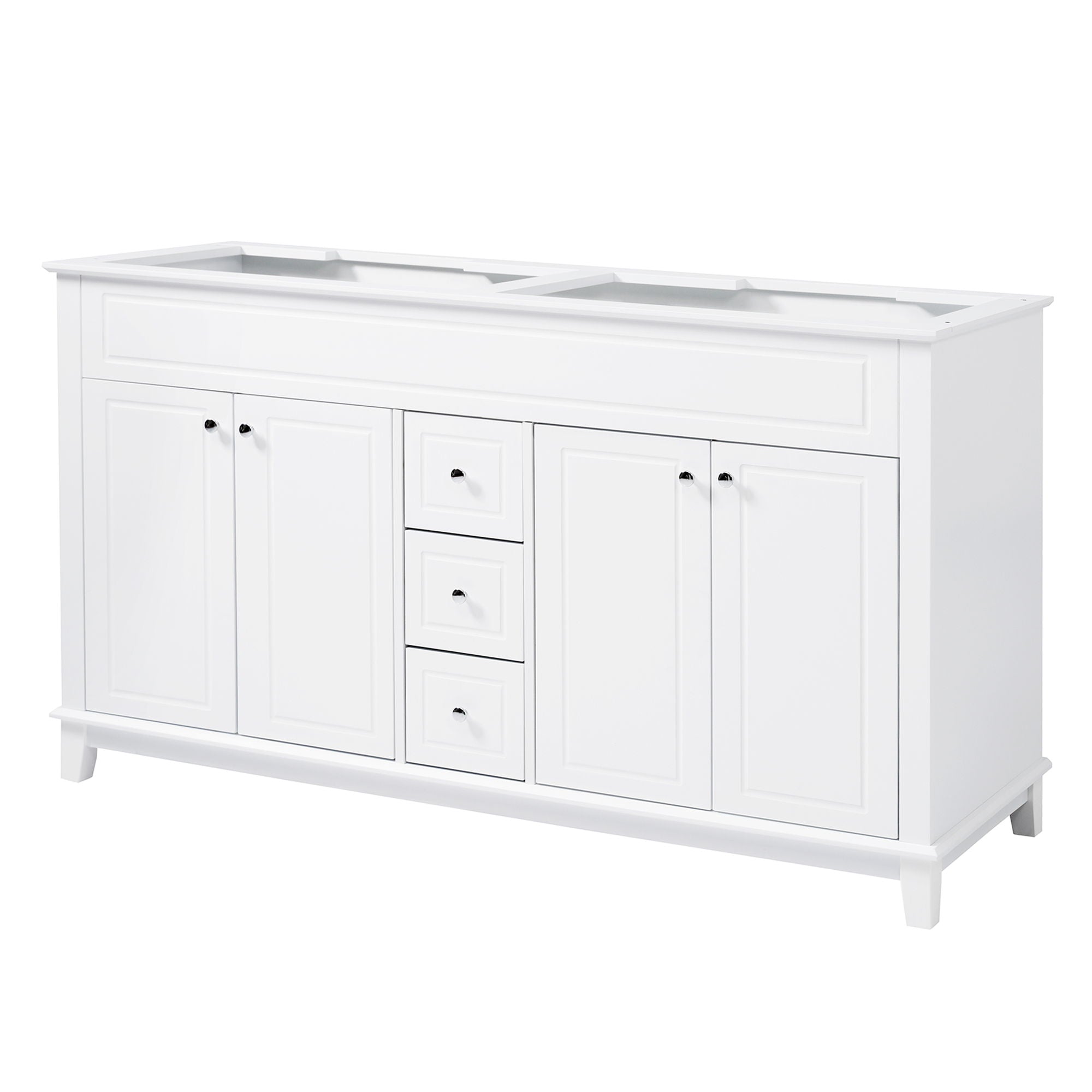 Bathroom Vanity Cabinet Only, 3 Drawers &amp; 4 Doors With Double Layer Shelves - White