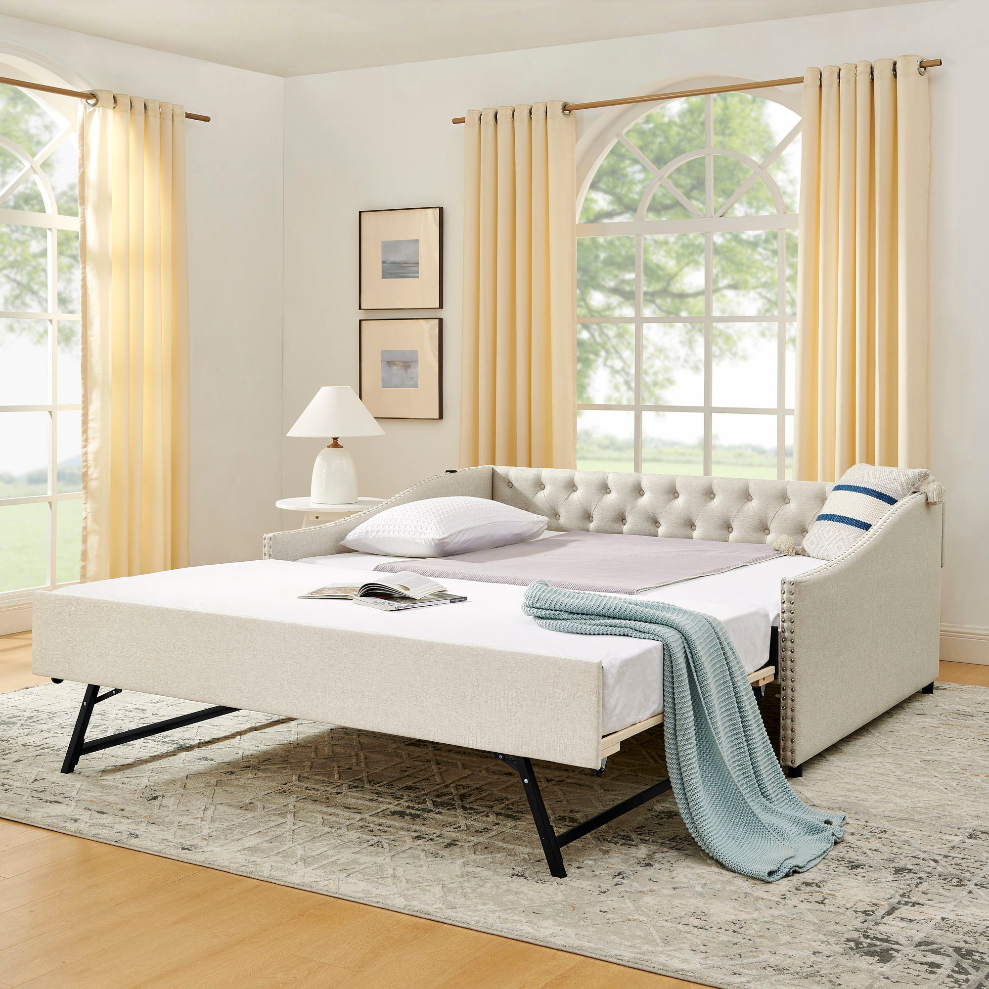 Upholstered Daybed With USB Charging &amp; Pull Out Bed