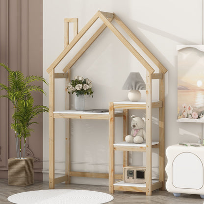 House-Shaped Wooden Writing Desk, Kids Study Table, Bookshelf &amp; Toy Storage