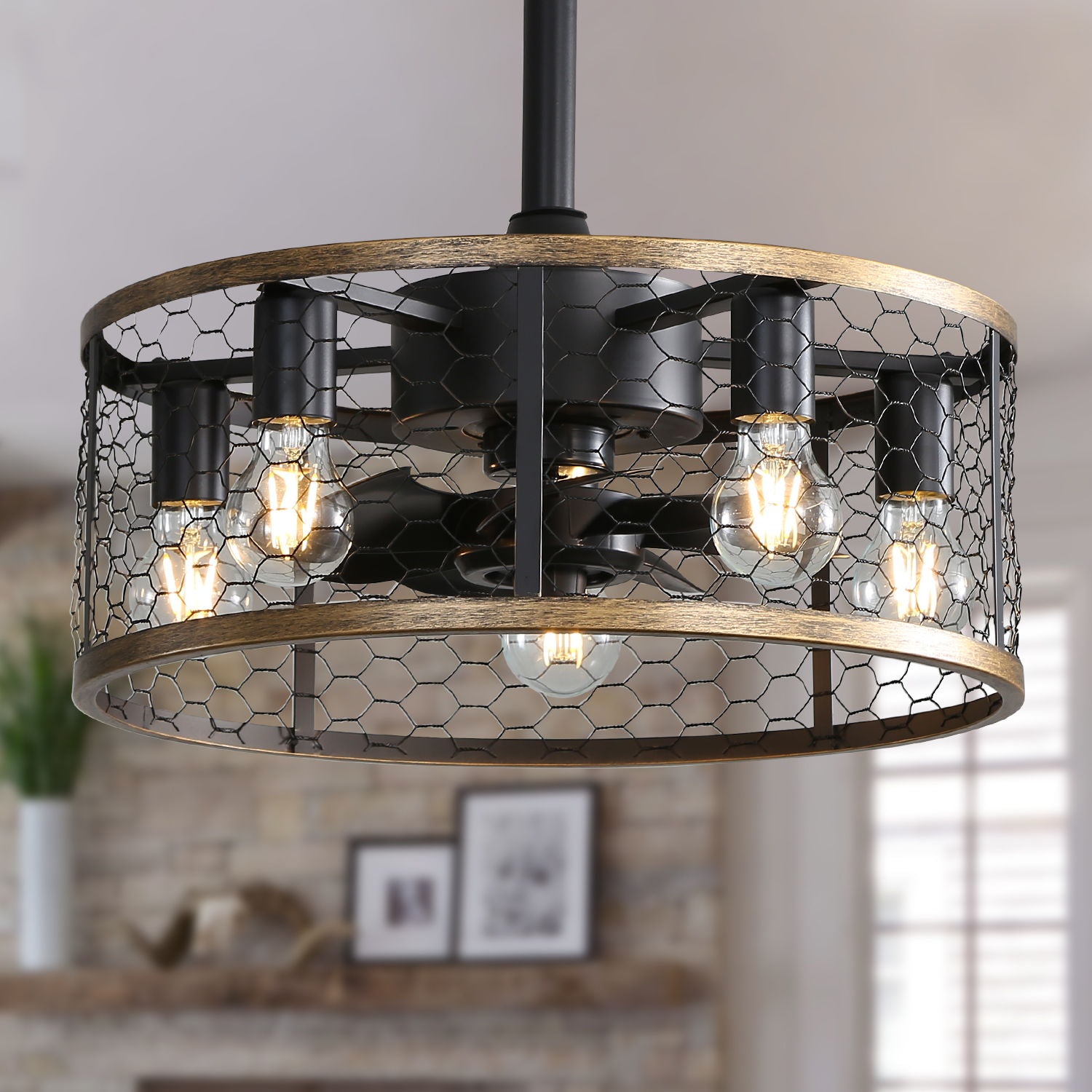 20&quot; Industrial Caged Ceiling Fan With 7 - ABS Blades Remote Control, Small Ceiling Fan Reversible DC Motor - Black