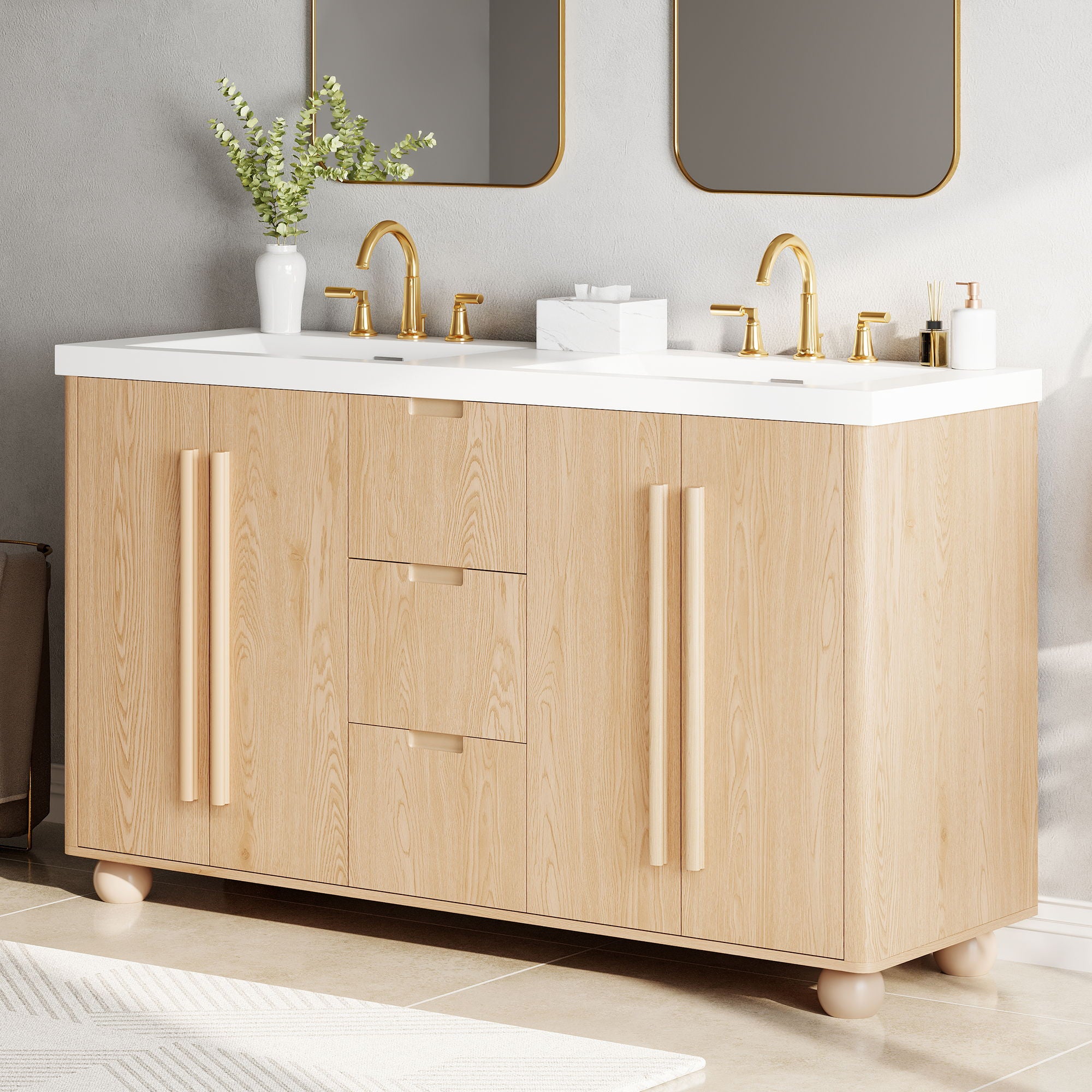 Double Sink Bathroom Vanity With Sinks, Soft Close Doors &amp; 3 Drawers - Wood