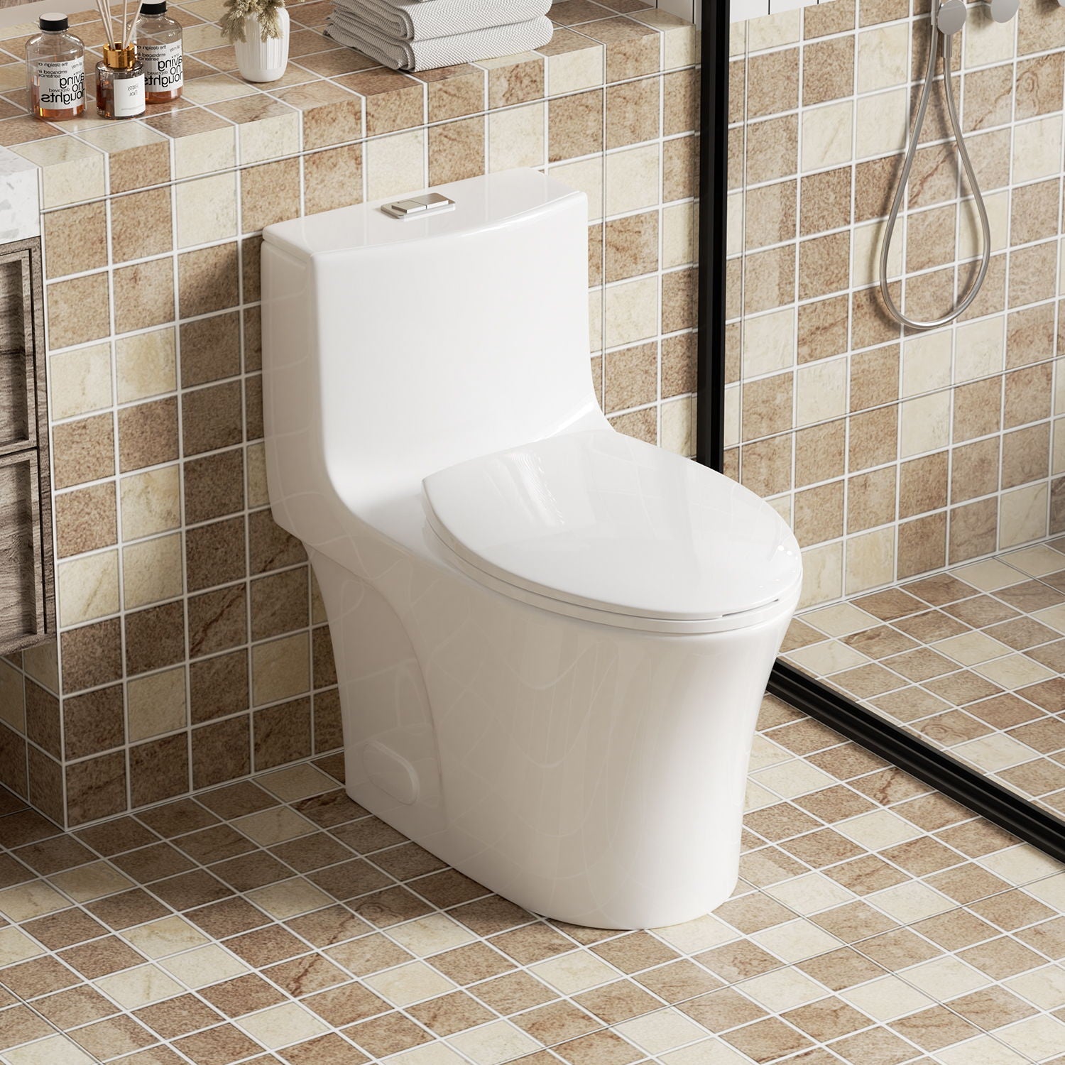 Elegant One Piece Toilet With Tornado Dual Flush, Siphonic S Trap 12&quot;, Soft Close Seat, Dual Flush, Ada Height, Glossy - Gloss White