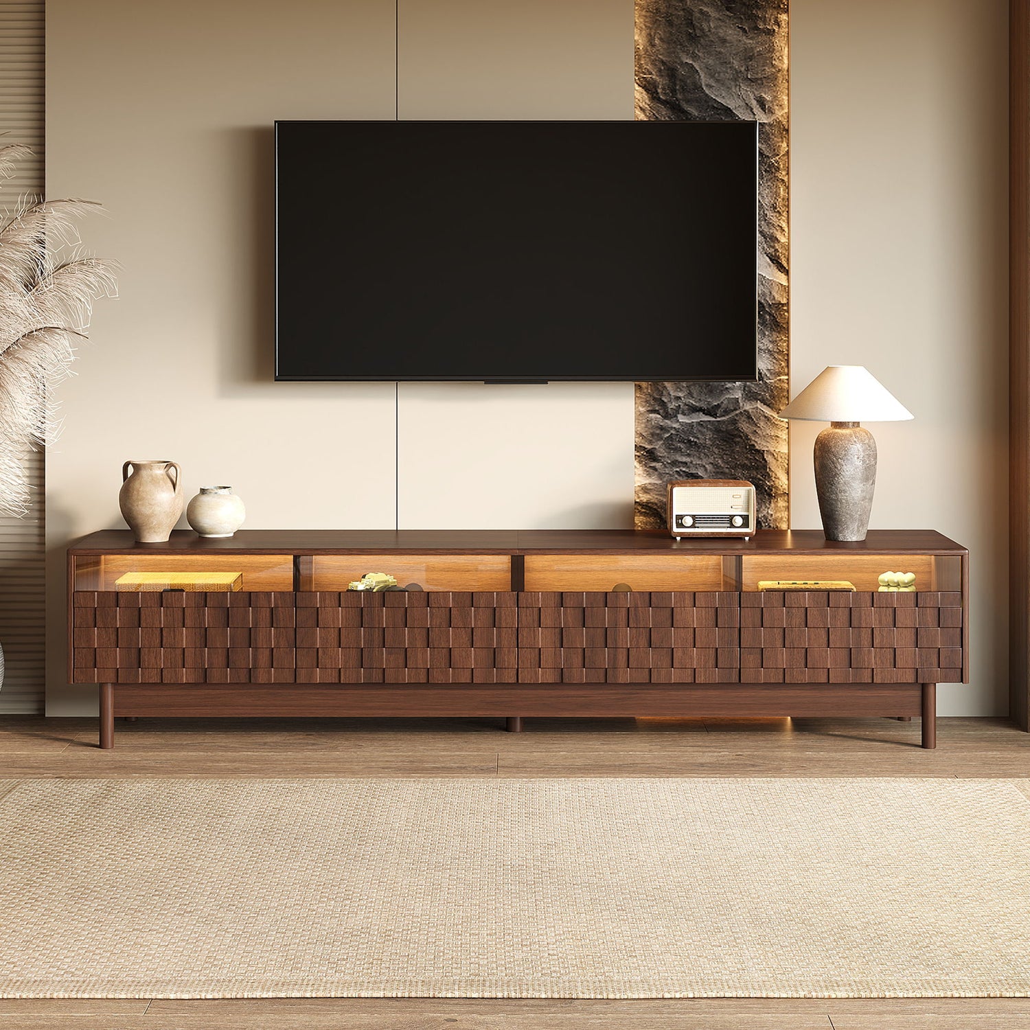TV Stand With LED Lights And Glass Drawers For Living Room - Walnut