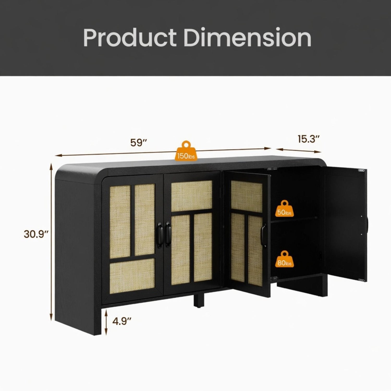 Sideboard Buffet Cabinet With 4 Doors &amp; Adjustable Shelves - Black