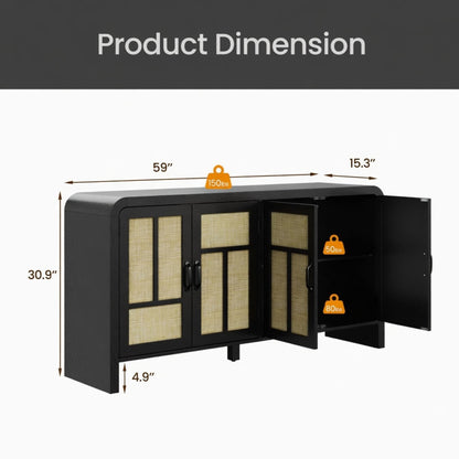 Sideboard Buffet Cabinet With 4 Doors &amp; Adjustable Shelves - Black