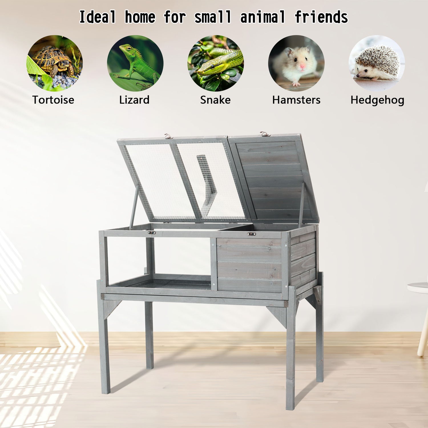 Tortoise Habitat Indoor &amp; Outdoor Wooden Tortoise House With Detachable Legs Reptile Cage For Small Animals Non Leak Waterproof Tray - Gray