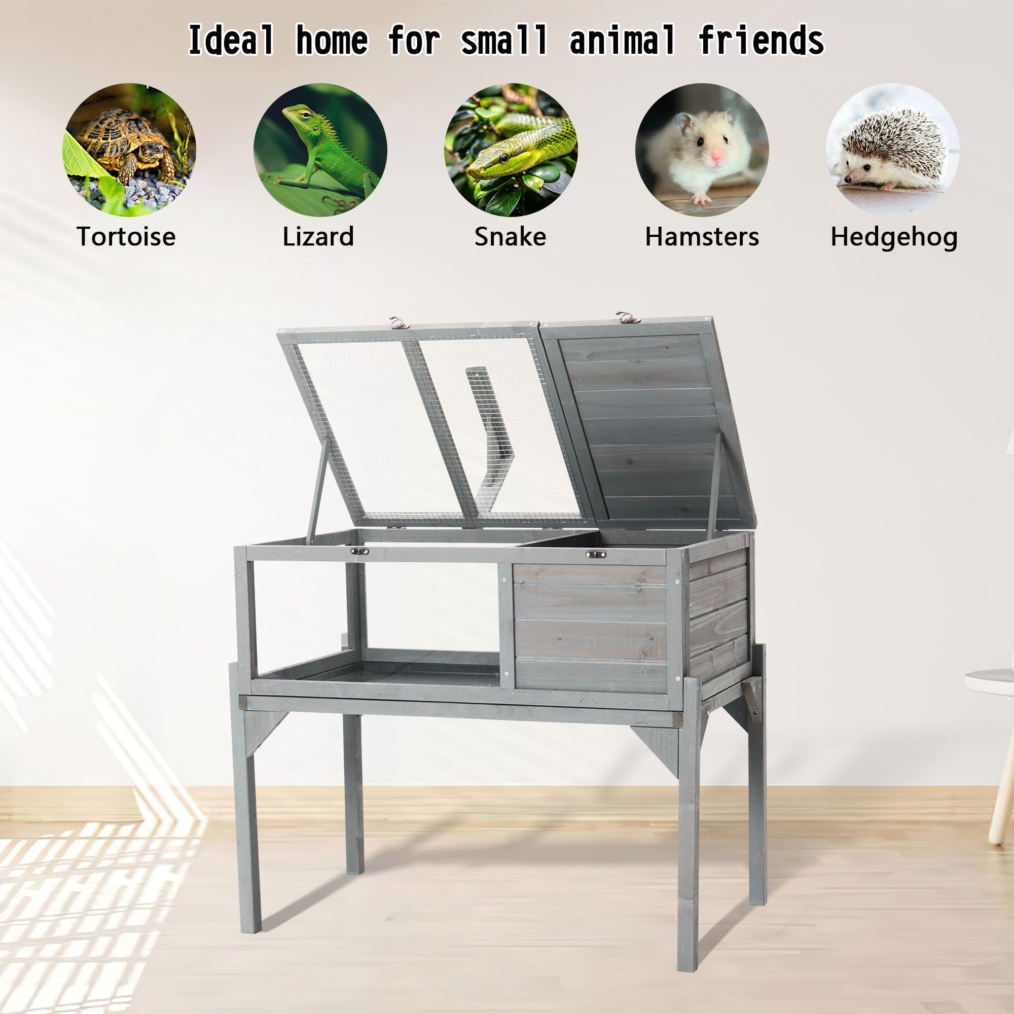 Tortoise Habitat Indoor &amp; Outdoor Wooden Tortoise House With Detachable Legs Reptile Cage For Small Animals Non Leak Waterproof Tray - Gray