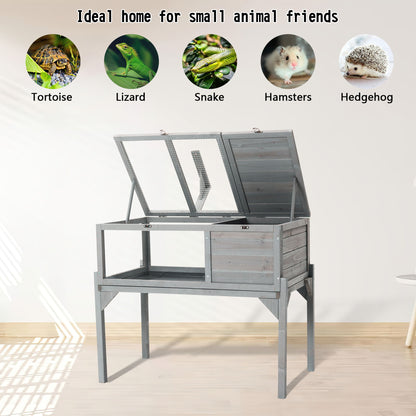 Tortoise Habitat Indoor &amp; Outdoor Wooden Tortoise House With Detachable Legs Reptile Cage For Small Animals Non Leak Waterproof Tray - Gray