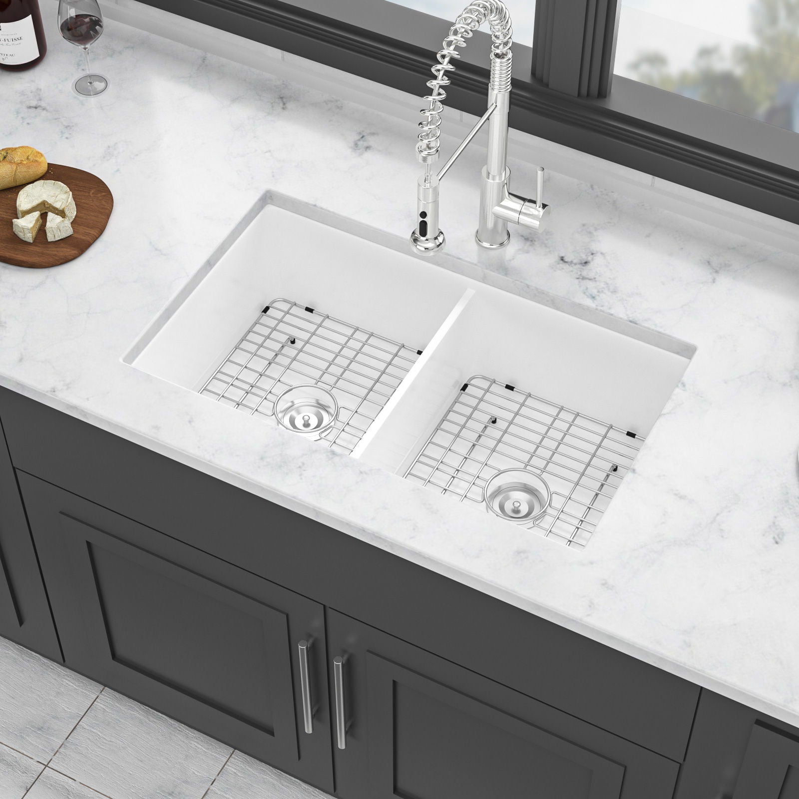 Elegant Dual Mount 32&quot; Undermount Double Bowl Ceramic Kitchen Sink - White