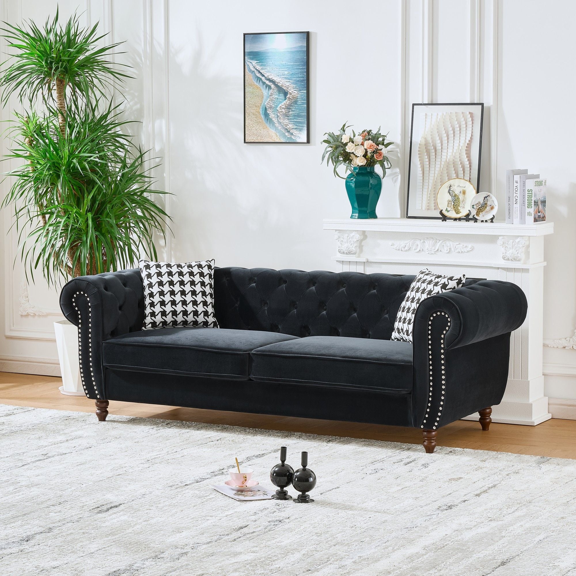 Chesterfield Velvet Upholstery Fabric Sofa With Roll Armrest &amp; Nailhead