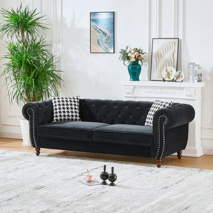 Chesterfield Velvet Upholstery Fabric Sofa With Roll Armrest &amp; Nailhead