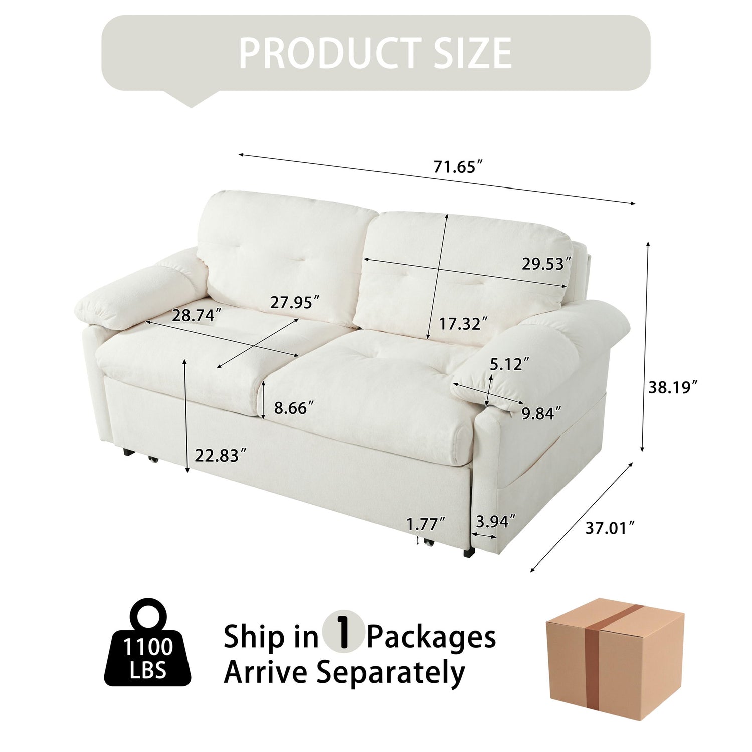Modern Convertible Sleeper Sofa Bed With Pull-Out Queen Design, Side Storage &amp; Thick Cushions