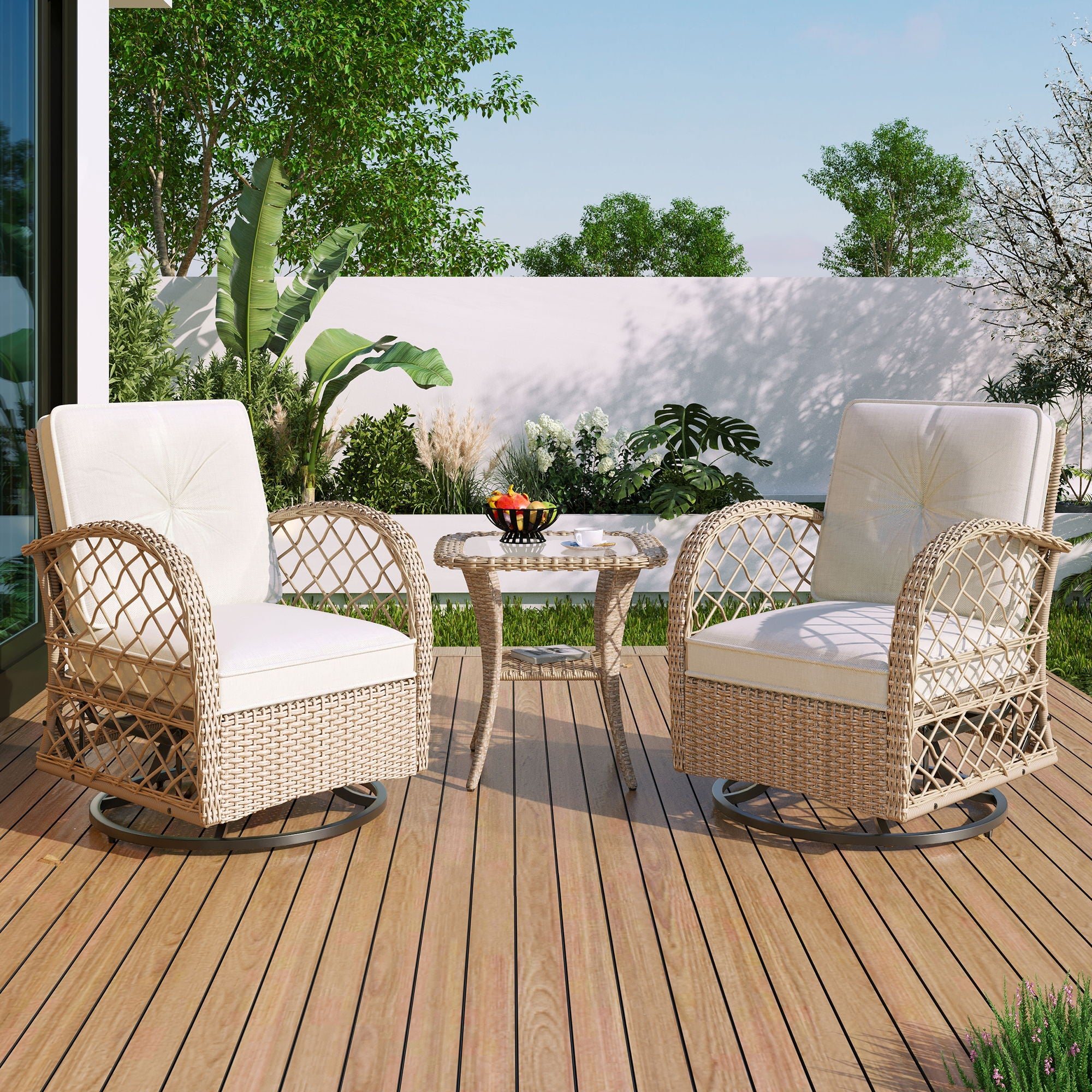 3 Piece Outdoor Chair &amp; Table Set Chat Set, 2 Person Rattan Seating Group