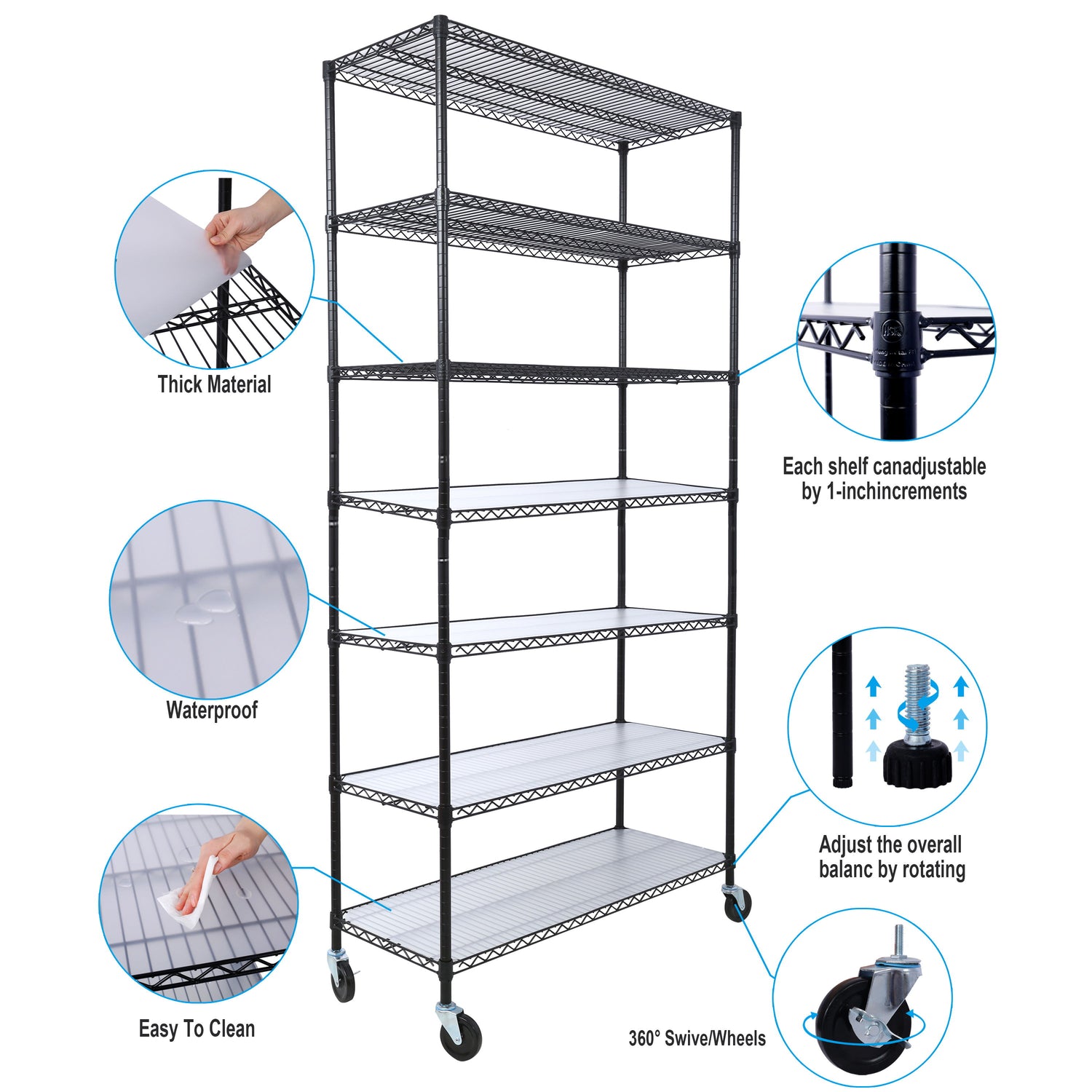 7 Tier Metal Shelf Wire Shelving Unit, 2450Lbs Heavy Duty Adjustable Storage Rack With Wheels &amp; Shelf Liners For Closet Kitchen Garage Basement Commercial Shelving