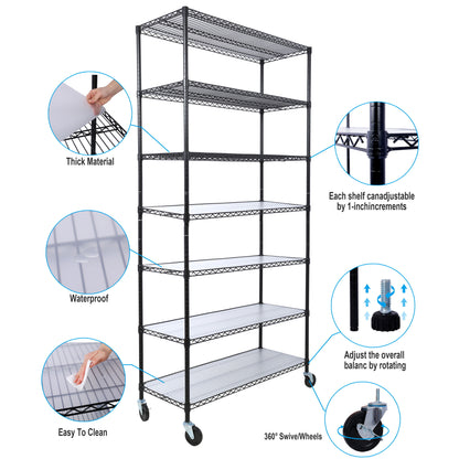 7 Tier Metal Shelf Wire Shelving Unit, 2450Lbs Heavy Duty Adjustable Storage Rack With Wheels &amp; Shelf Liners For Closet Kitchen Garage Basement Commercial Shelving