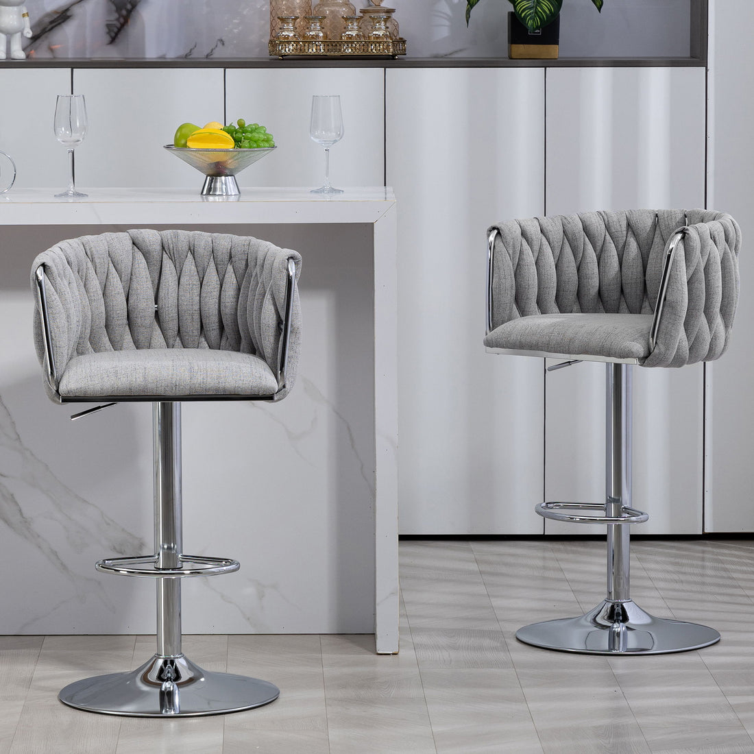 360 Degree Swivel Bar Stools Adjustable Counter Height Bar Chairs With Woven Back &amp; Footrest, Silver Chromed Bar Stools For Kitchen Island (Set of 2) - Gray