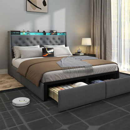Floating Bed Frame With Rgb LED Light, 2 Storage Drawers &amp; Headboard Shelf