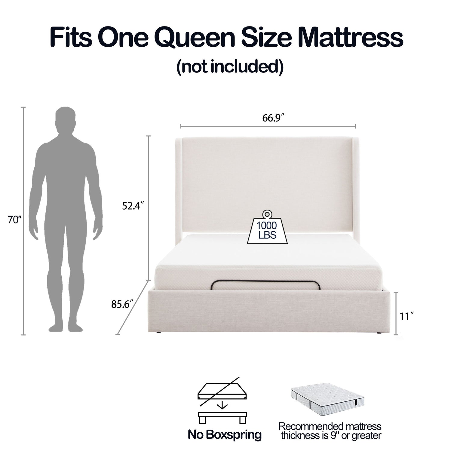 Caron - Queen Size Upholstered Wingback Bed With Adjustable Base Bundle Set - Ivory