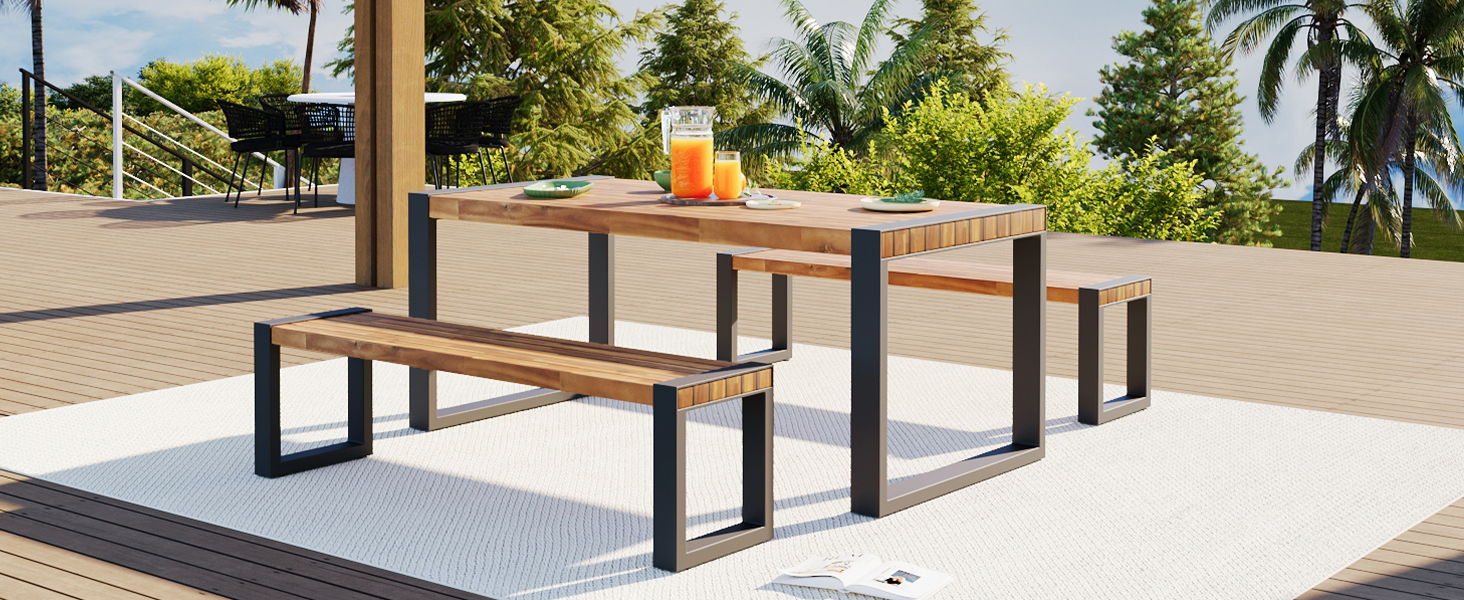 3 Pieces Outdoor Dining Table With 2 Benches, Patio Dining Set With Unique Top Texture, Acacia Wood Top &amp; Steel Frame, All Weather Use, For Outdoor &amp; Indoor - Natural