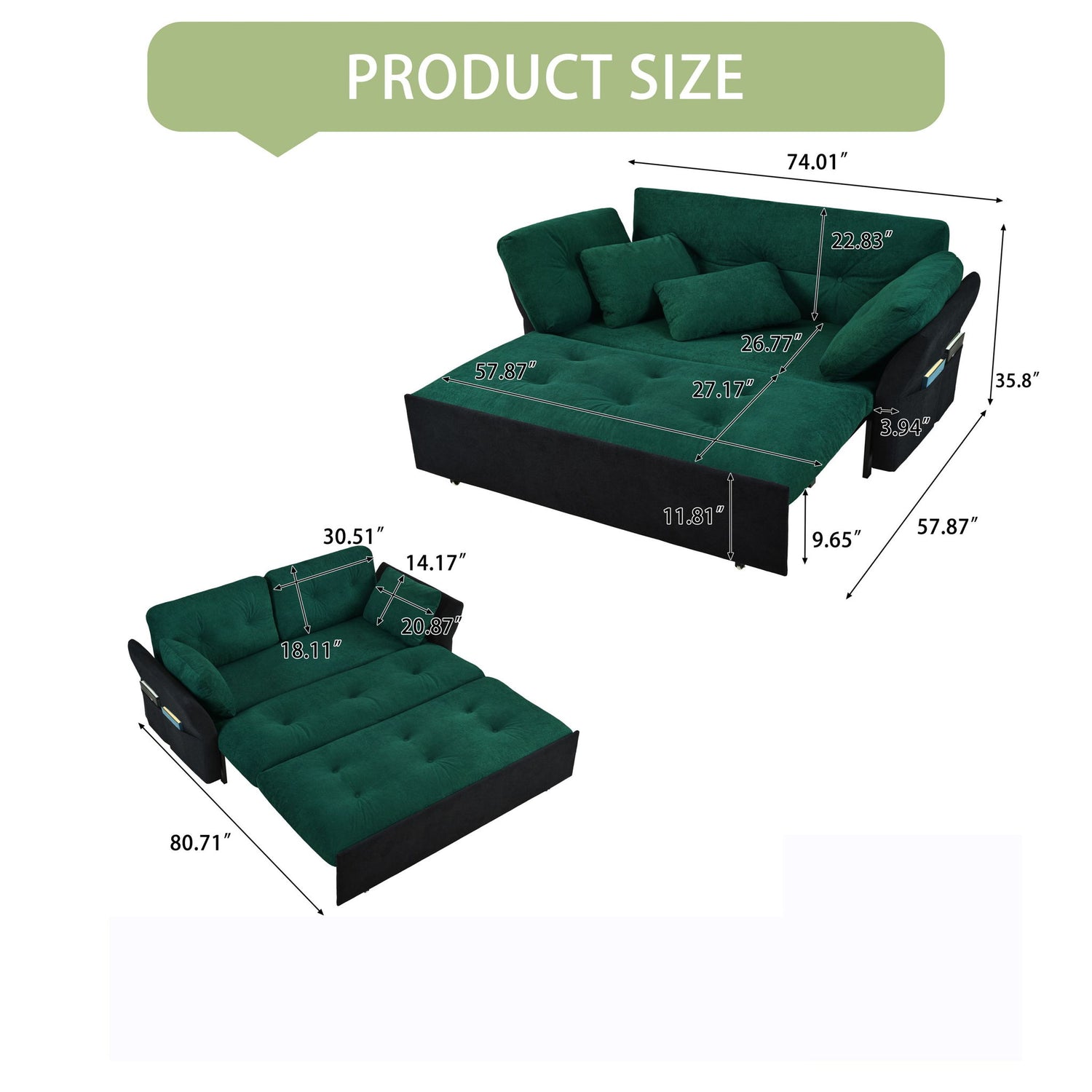 Modern Convertible Sleeper Sofa Bed With Pull-Out Queen Design, Side Storage &amp; Thick Cushions