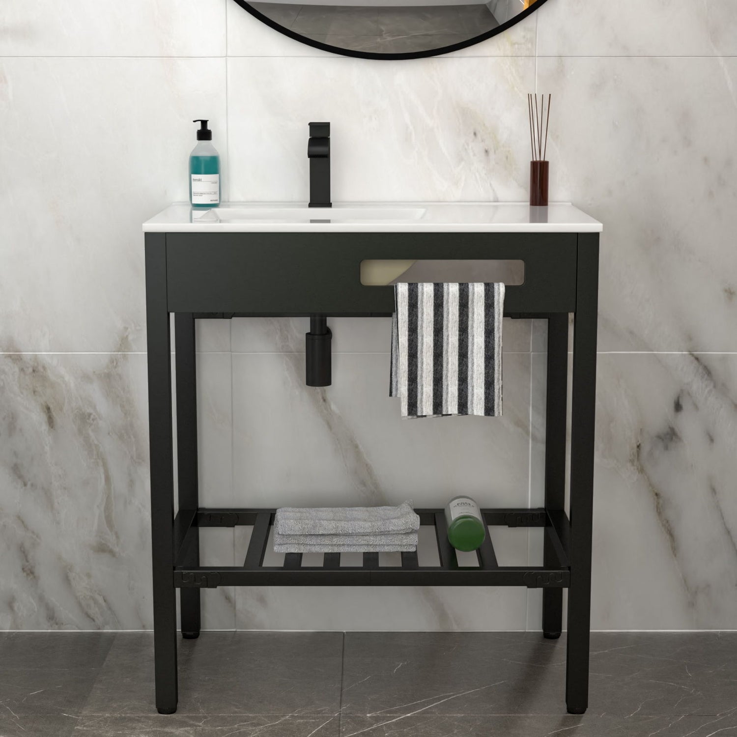 Console Sink With Legs, 32&quot; X 18.5&quot;, Durable Porcela With Support - White / Black