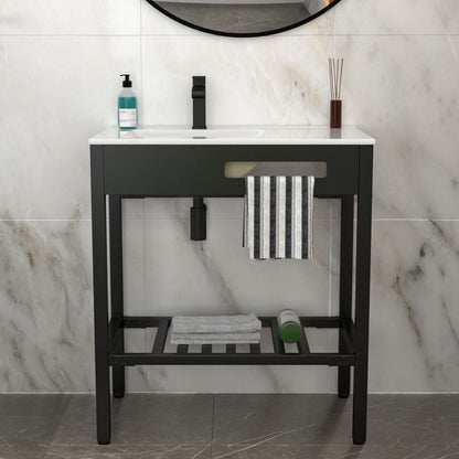 Console Sink With Legs, 32&quot; X 18.5&quot;, Durable Porcela With Support - White / Black