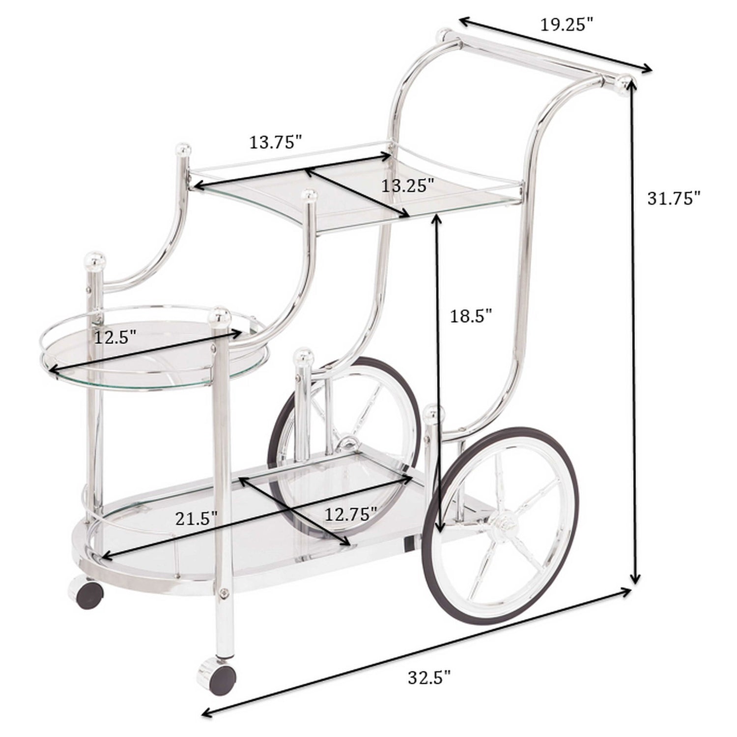 Reia - 3 Tier Cart With Casters &amp; Tempered Glass Design - Chrome