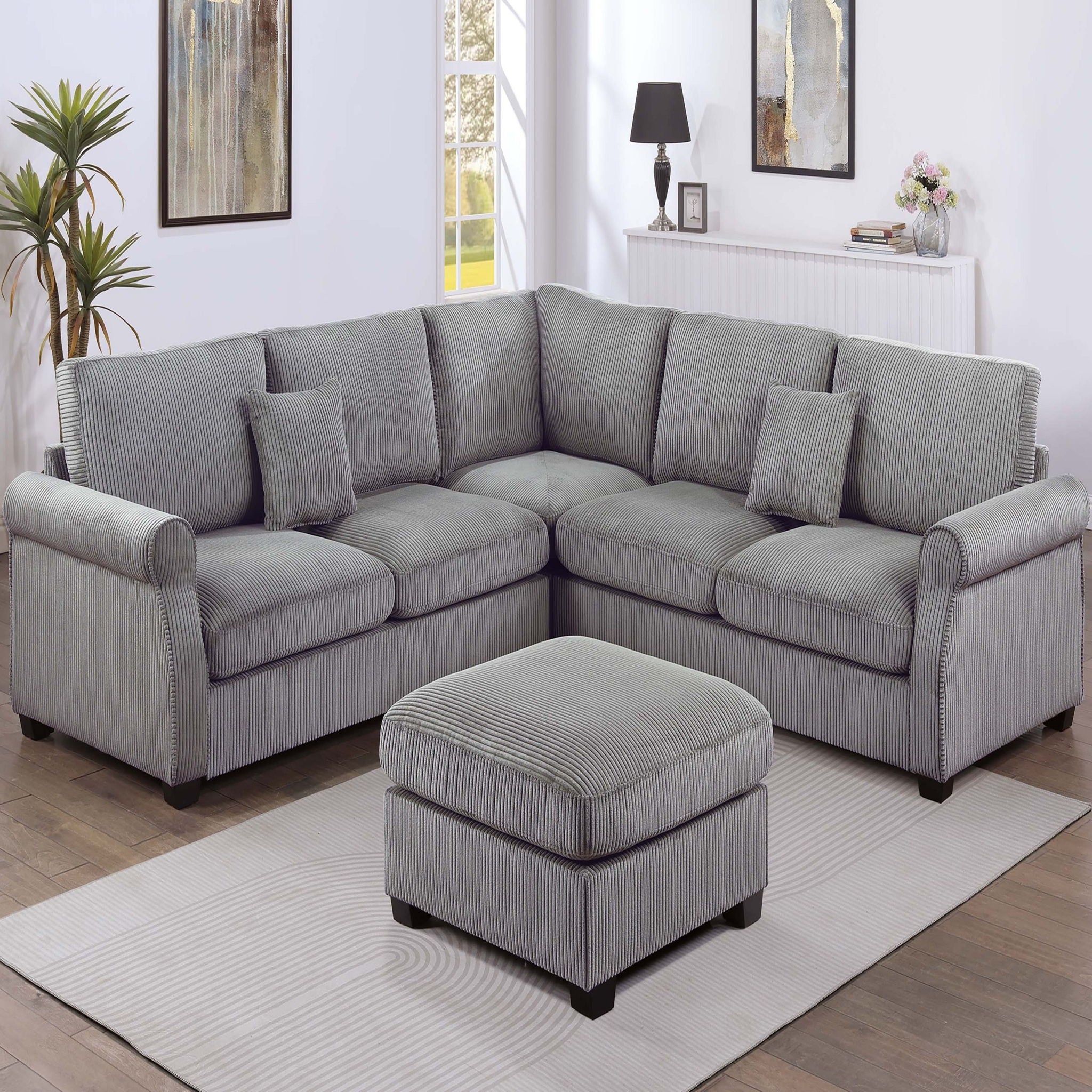 Modern Sectional Set With Corner Wedge, Loveseat, Ottoman &amp; 2 Pillows