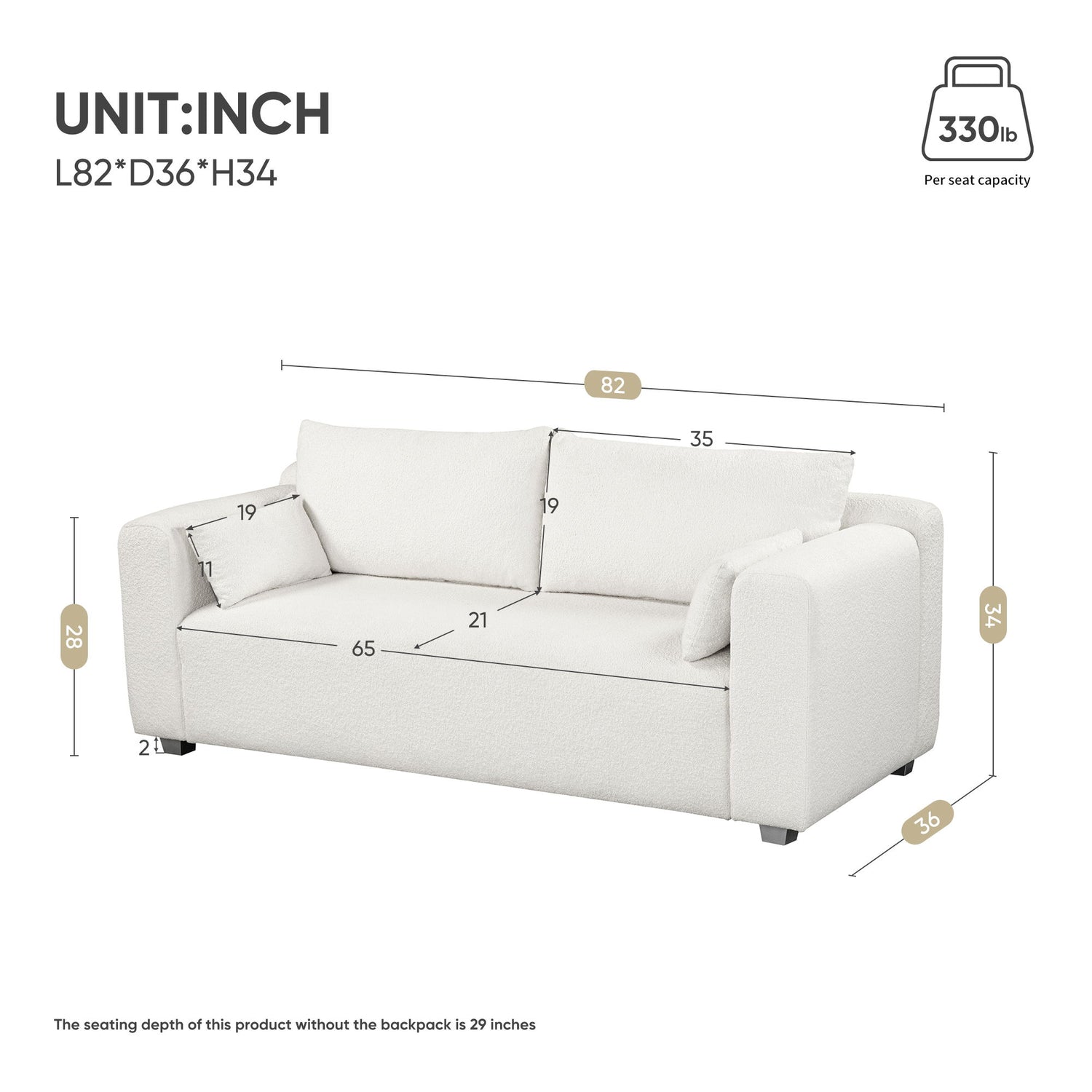 Modern Loop Yarn Sofa, One Piece Seat Frame, Minimalist 2-3 Seat Couch Easy To Install, Loveseats With Extra Wide Domed Arms (2 Pillows) - White
