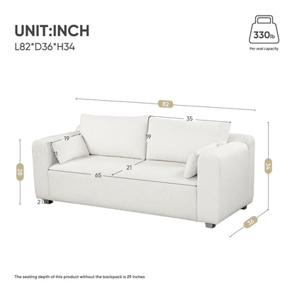Modern Loop Yarn Sofa, One Piece Seat Frame, Minimalist 2-3 Seat Couch Easy To Install, Loveseats With Extra Wide Domed Arms (2 Pillows) - White