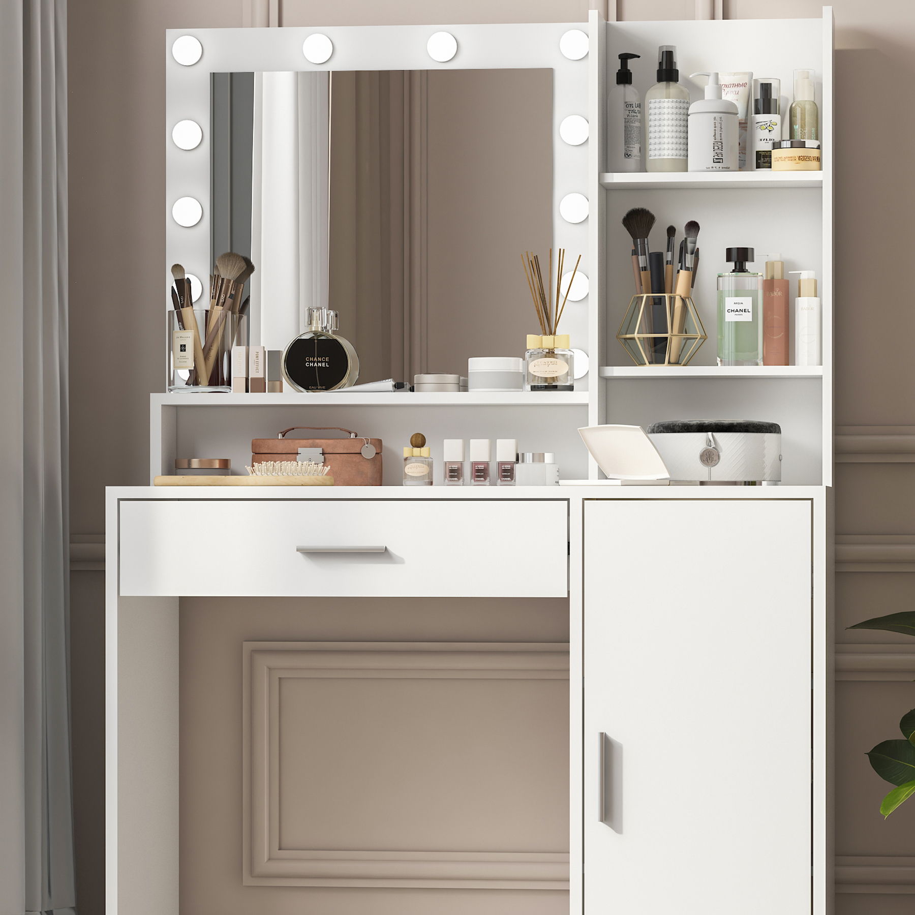 Vanity Desk With Mirror &amp; Light, Large Drawer Three Level Storage Dresser, 3 Lighting Modes Adjustable Brightness, Bedroom Dressing Table