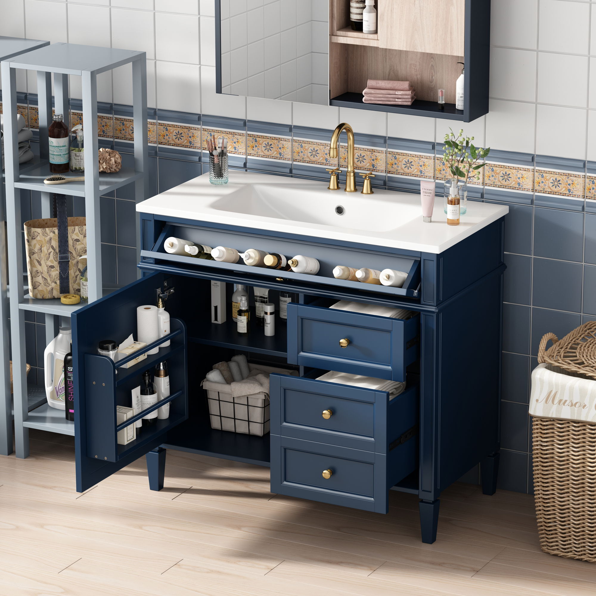 Bathroom Vanity &amp; Top Sink, Modern Bathroom Storage Cabinet With 2 Drawers And A Tip-Out Drawer