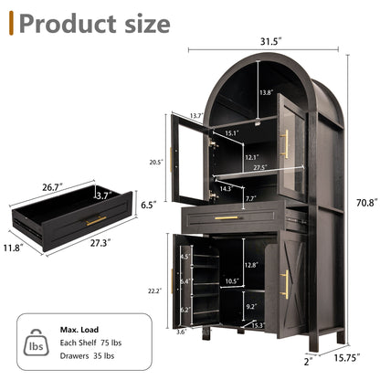 Arched Kitchen Pantry Cabinet With Adjustable Shelves &amp; Barn Door Design