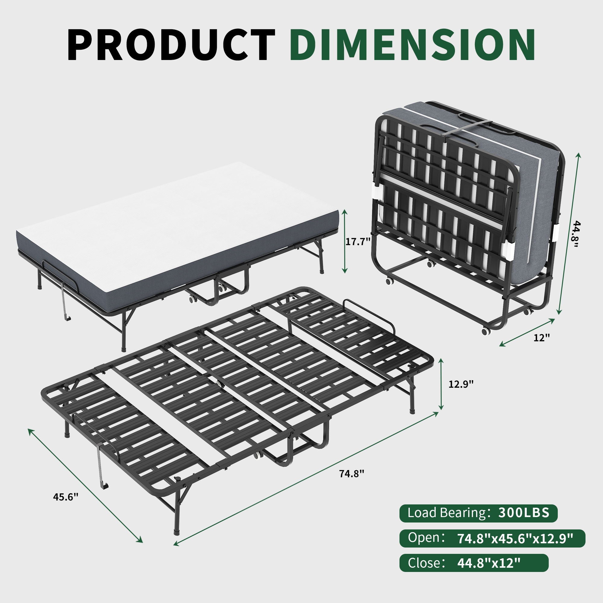 Twin Wide Folding Bed For Tall People, Extra Long &amp; Wide Rollaway With Memory Foam, Heavy-Duty Capacity Guest, Spacious Portable Cot - Black